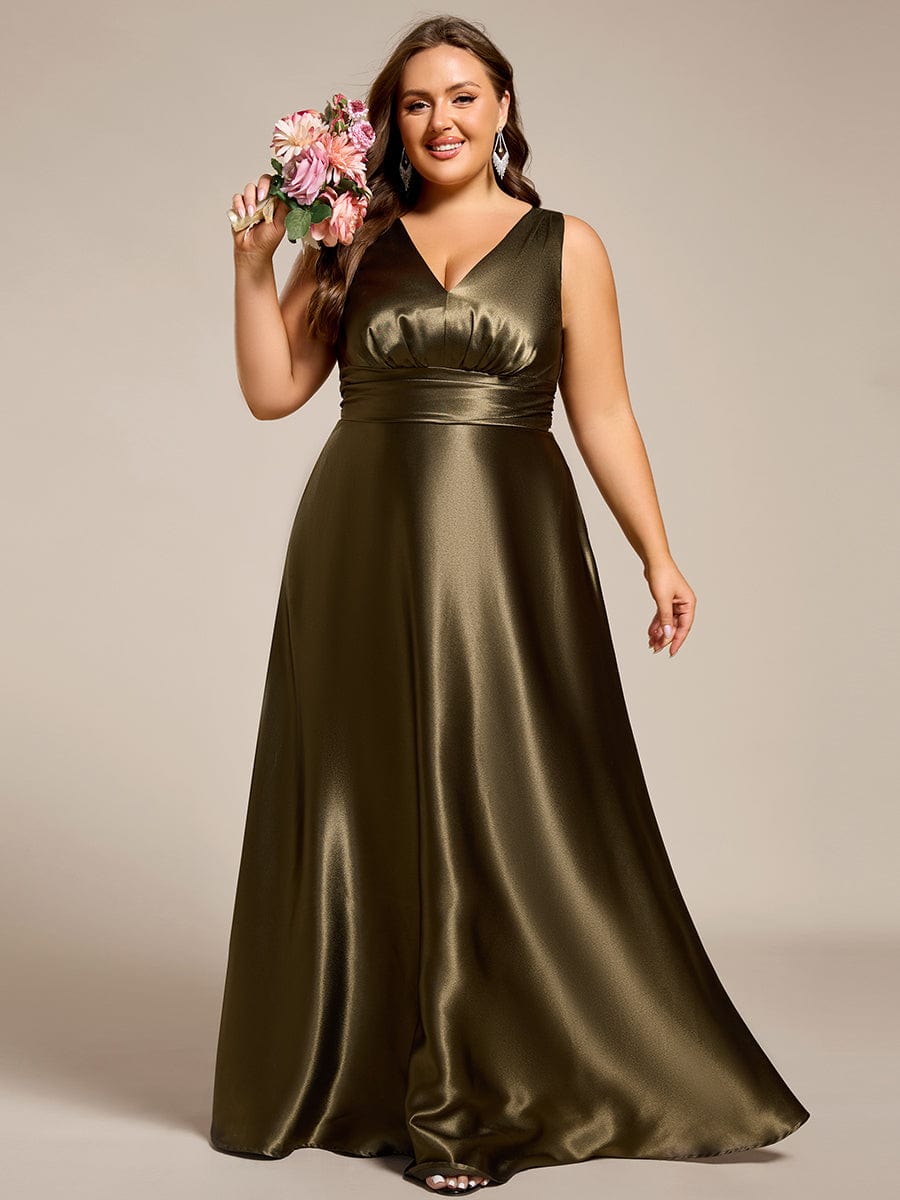 Plus Size Satin Empire Waist Maxi Dress with Pockets #color_Olive Green