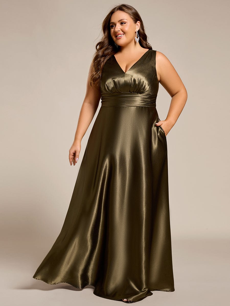 Plus Size Satin Empire Waist Maxi Dress with Pockets #color_Olive Green