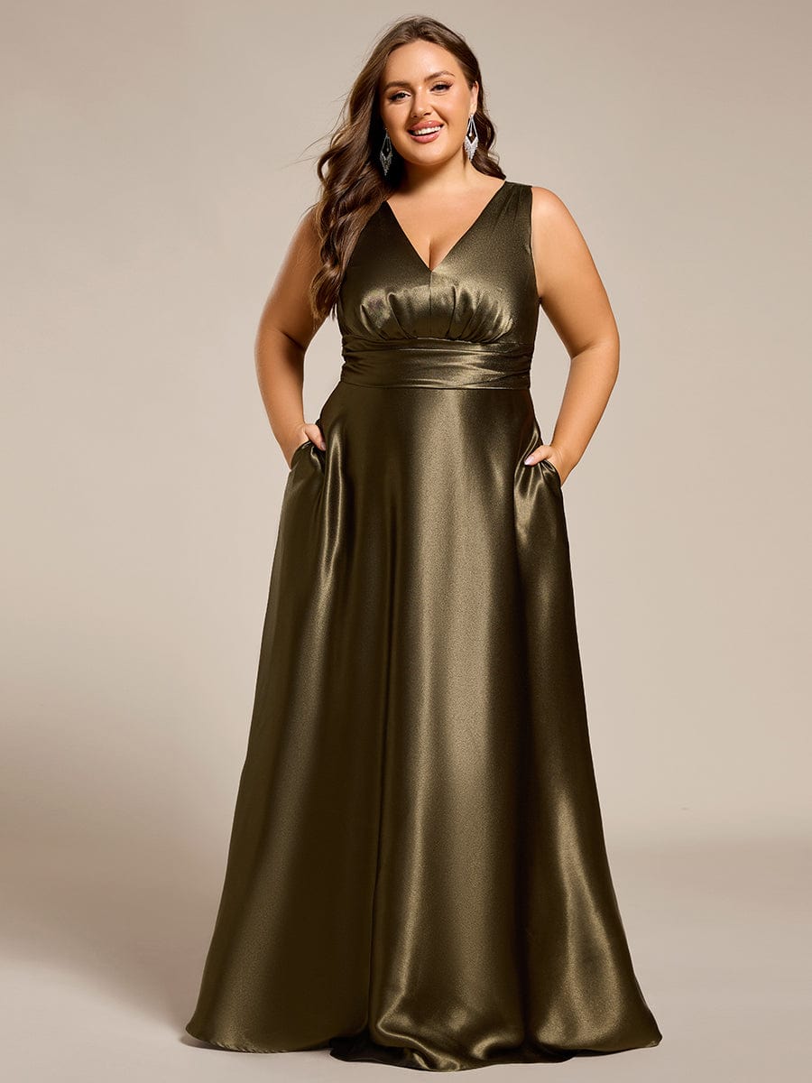 Plus Size Satin Empire Waist Maxi Dress with Pockets #color_Olive Green