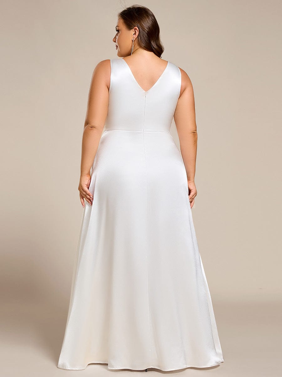 Plus Size Satin Empire Waist Maxi Dress with Pockets #color_White