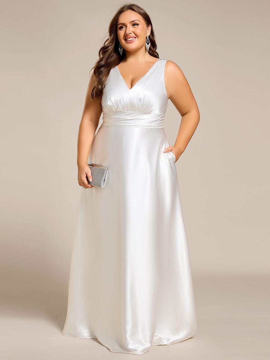 Plus Size Satin Empire Waist Maxi Dress with Pockets #color_White