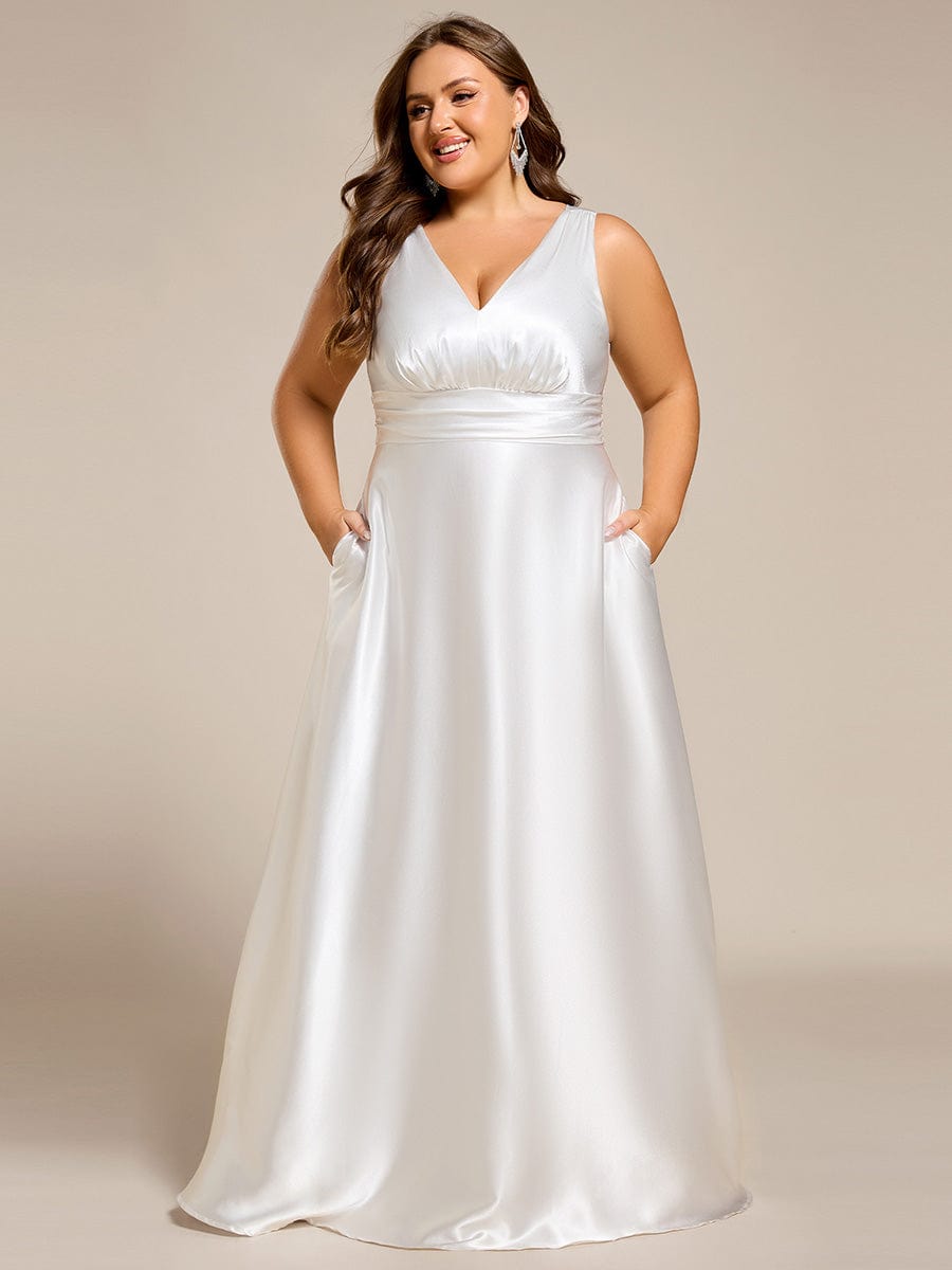 Plus Size Satin Empire Waist Maxi Dress with Pockets #color_White