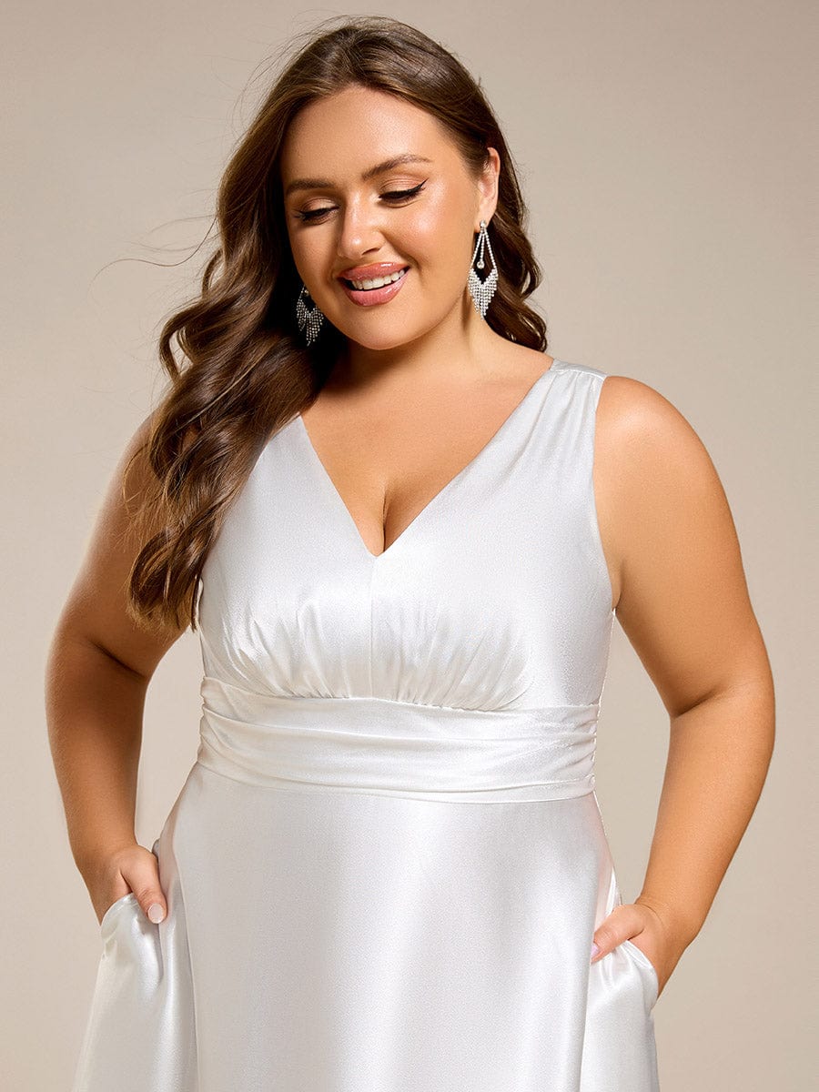 Plus Size Satin Empire Waist Maxi Dress with Pockets #color_White