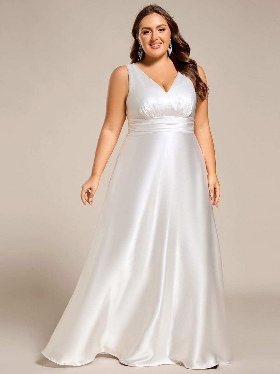 Plus Size Satin Empire Waist Maxi Dress with Pockets #color_White