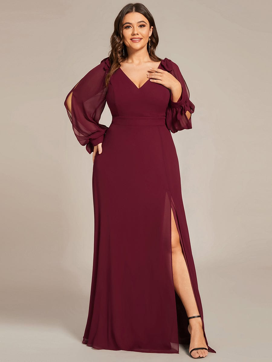 Plus Size Long Split Sleeve A-Line Maxi Dress #color_Burgundy