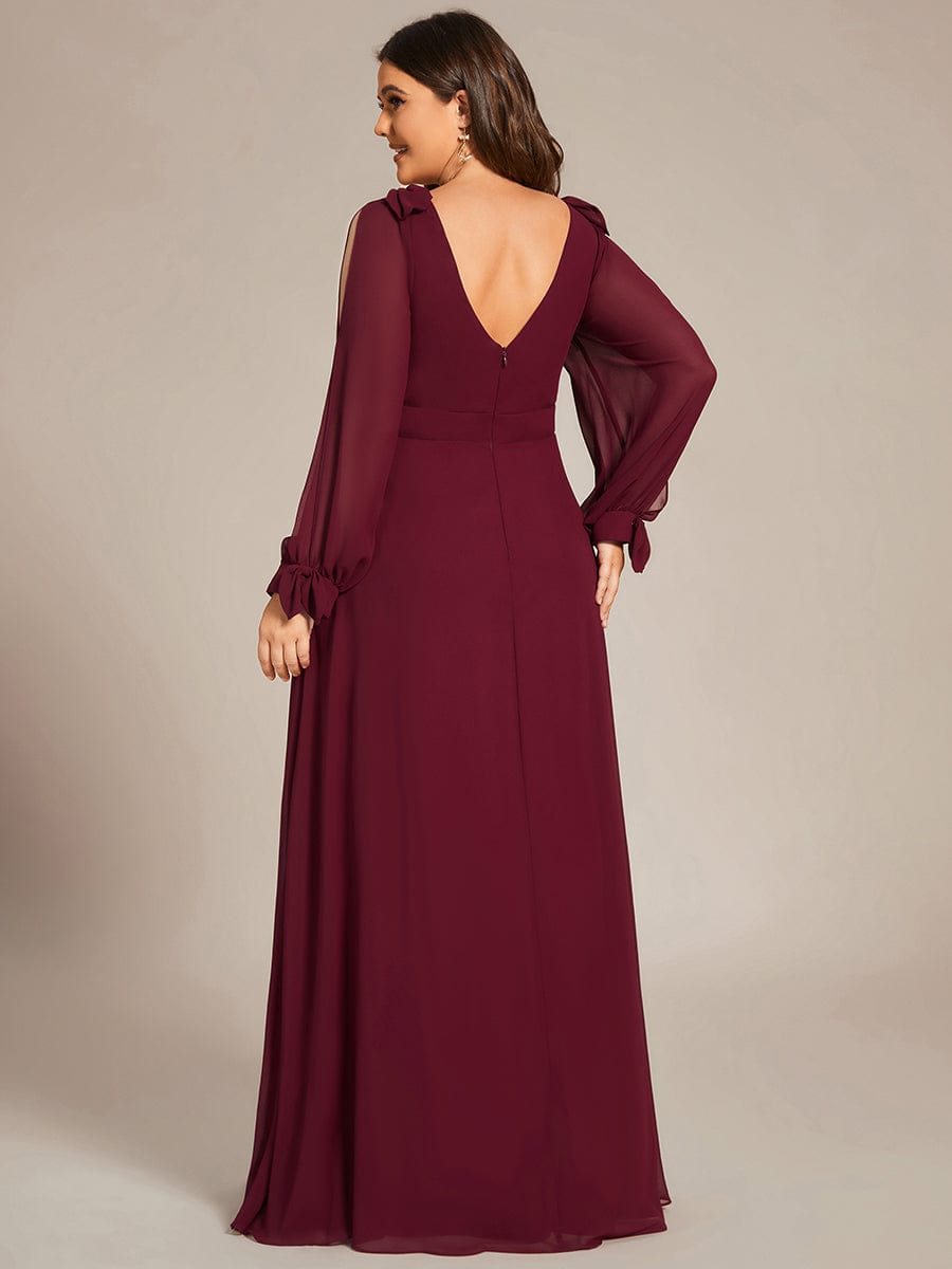 Plus Size Long Split Sleeve A-Line Maxi Dress #color_Burgundy