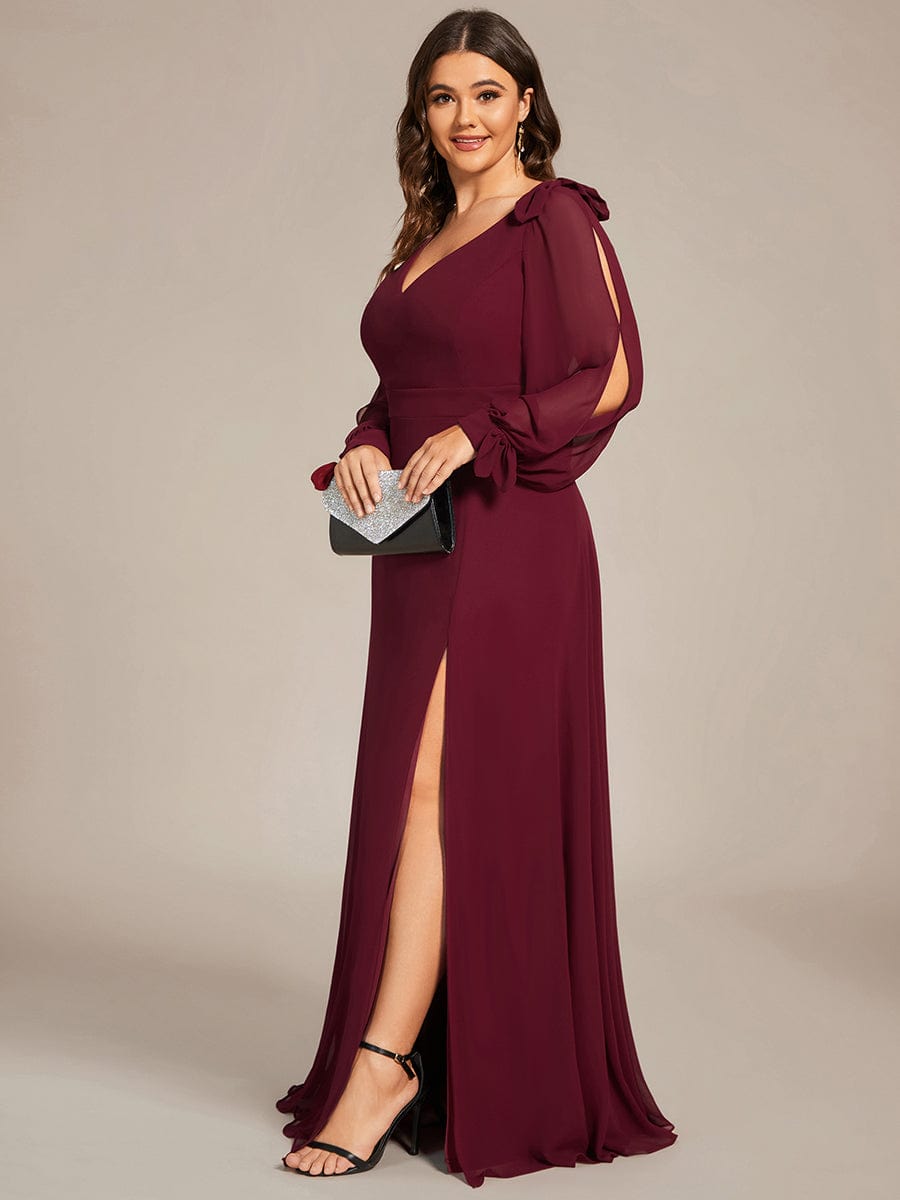 Plus Size Long Split Sleeve A-Line Maxi Dress #color_Burgundy