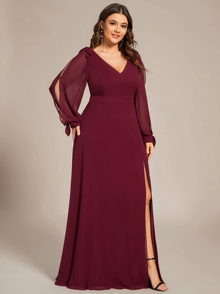 Plus Size Long Split Sleeve A-Line Maxi Dress #color_Burgundy