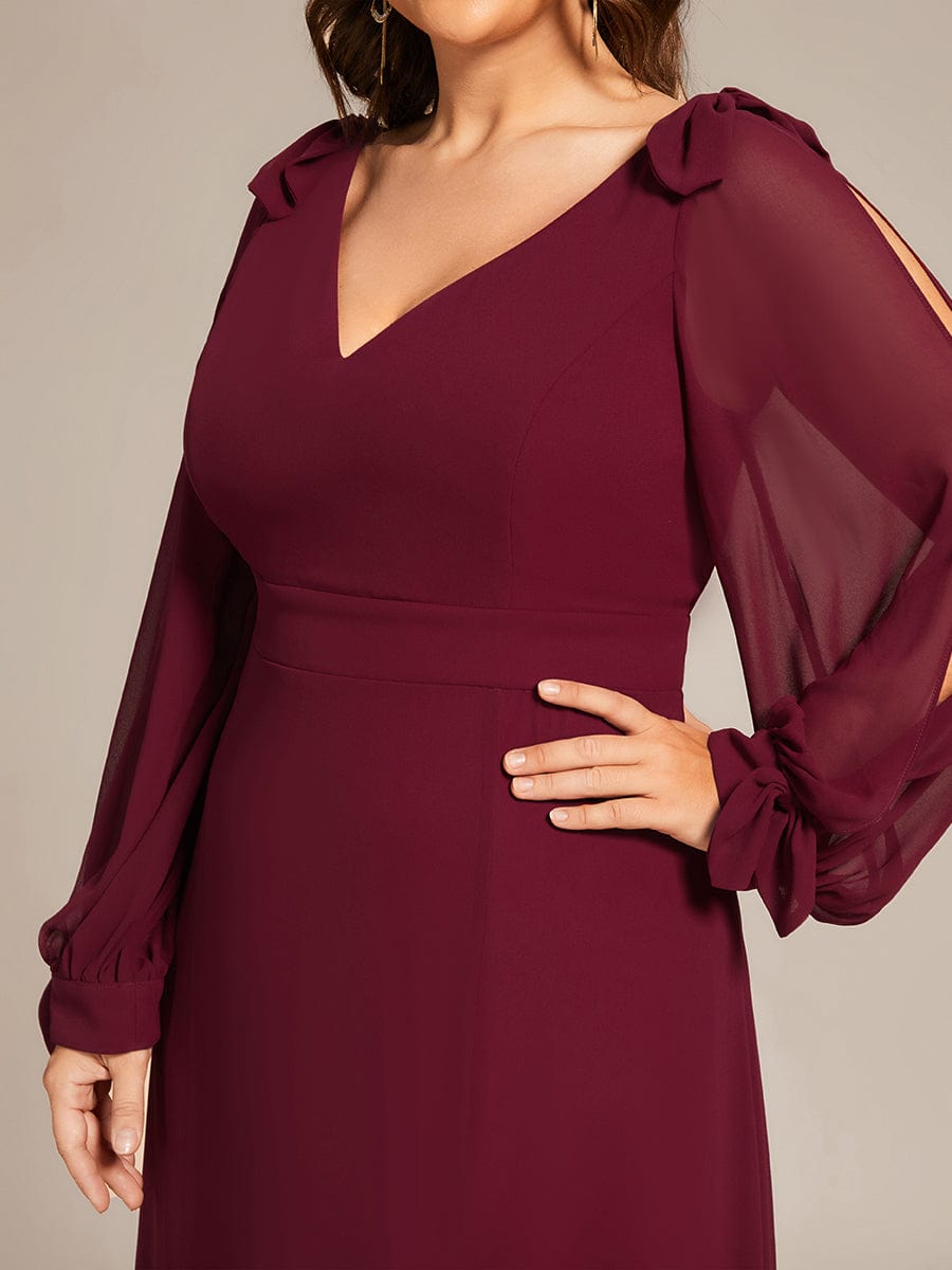 Plus Size Long Split Sleeve A-Line Maxi Dress #color_Burgundy