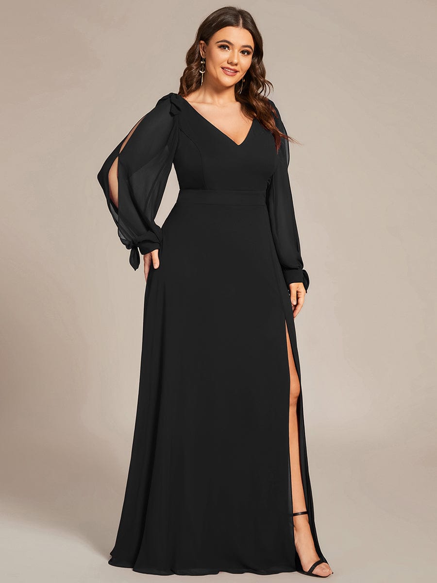 Plus Size Long Split Sleeve A-Line Maxi Dress #color_Black