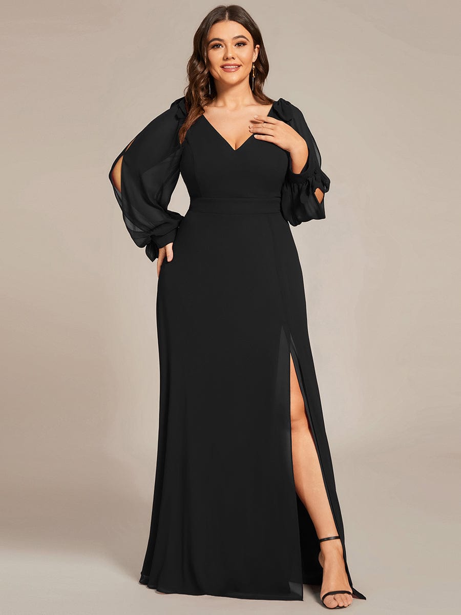 Plus Size Long Split Sleeve A-Line Maxi Dress #color_Black