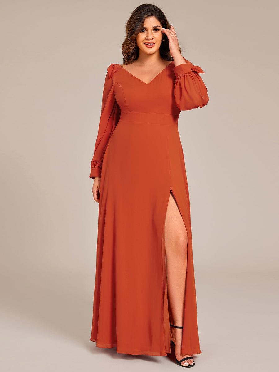 Plus Size Long Split Sleeve A-Line Maxi Dress #color_Burnt Orange