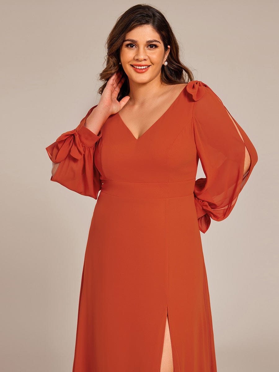 Plus Size Long Split Sleeve A-Line Maxi Dress #color_Burnt Orange