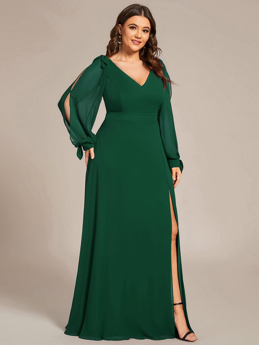 Plus Size Long Split Sleeve A-Line Maxi Dress #color_Dark Green