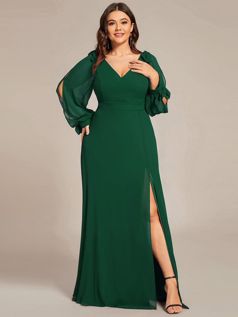 Plus Size Long Split Sleeve A-Line Maxi Dress #color_Dark Green