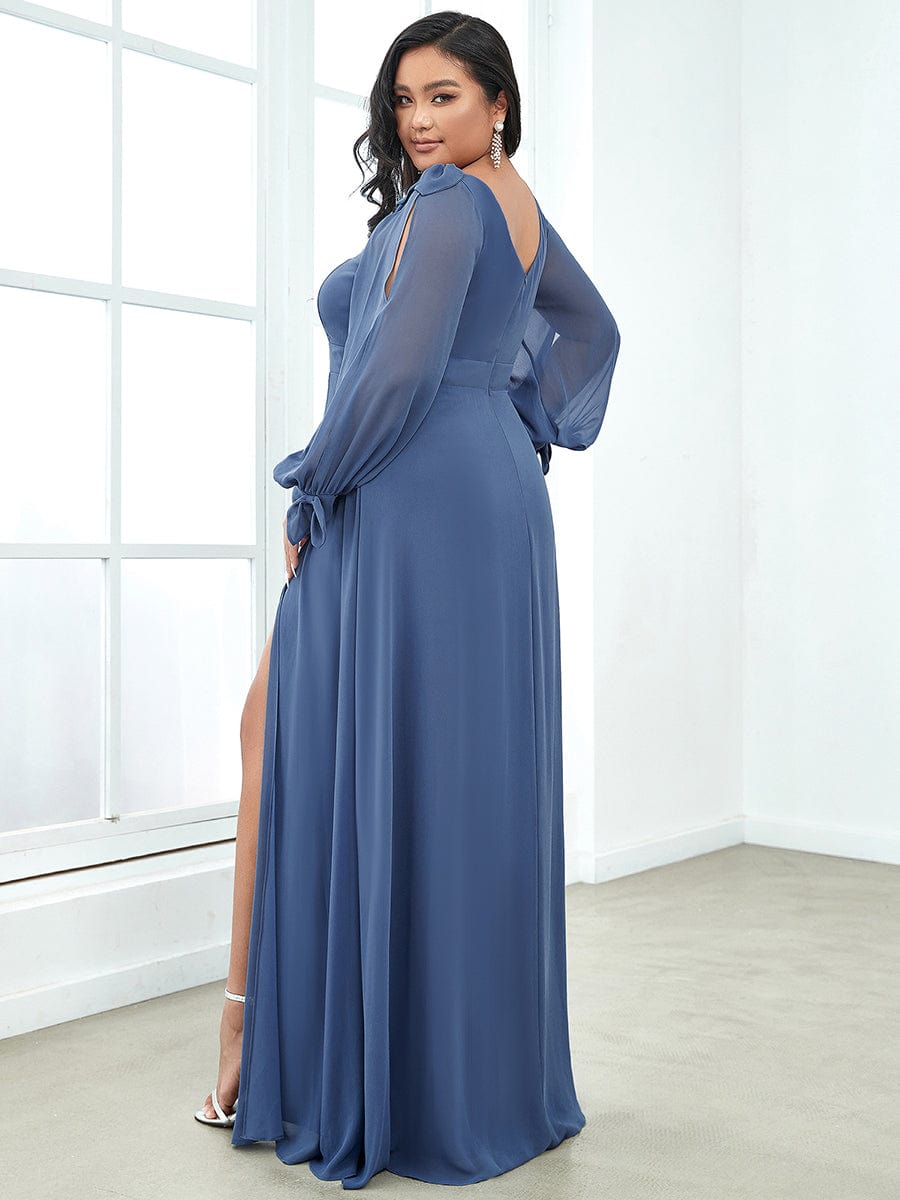 Plus Size Long Split Sleeve A-Line Maxi Dress #color_Dusty Blue