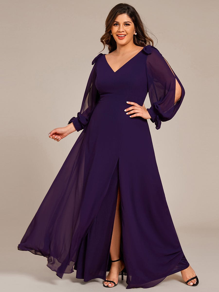 Plus Size Long Split Sleeve A-Line Maxi Dress #color_Dark Purple