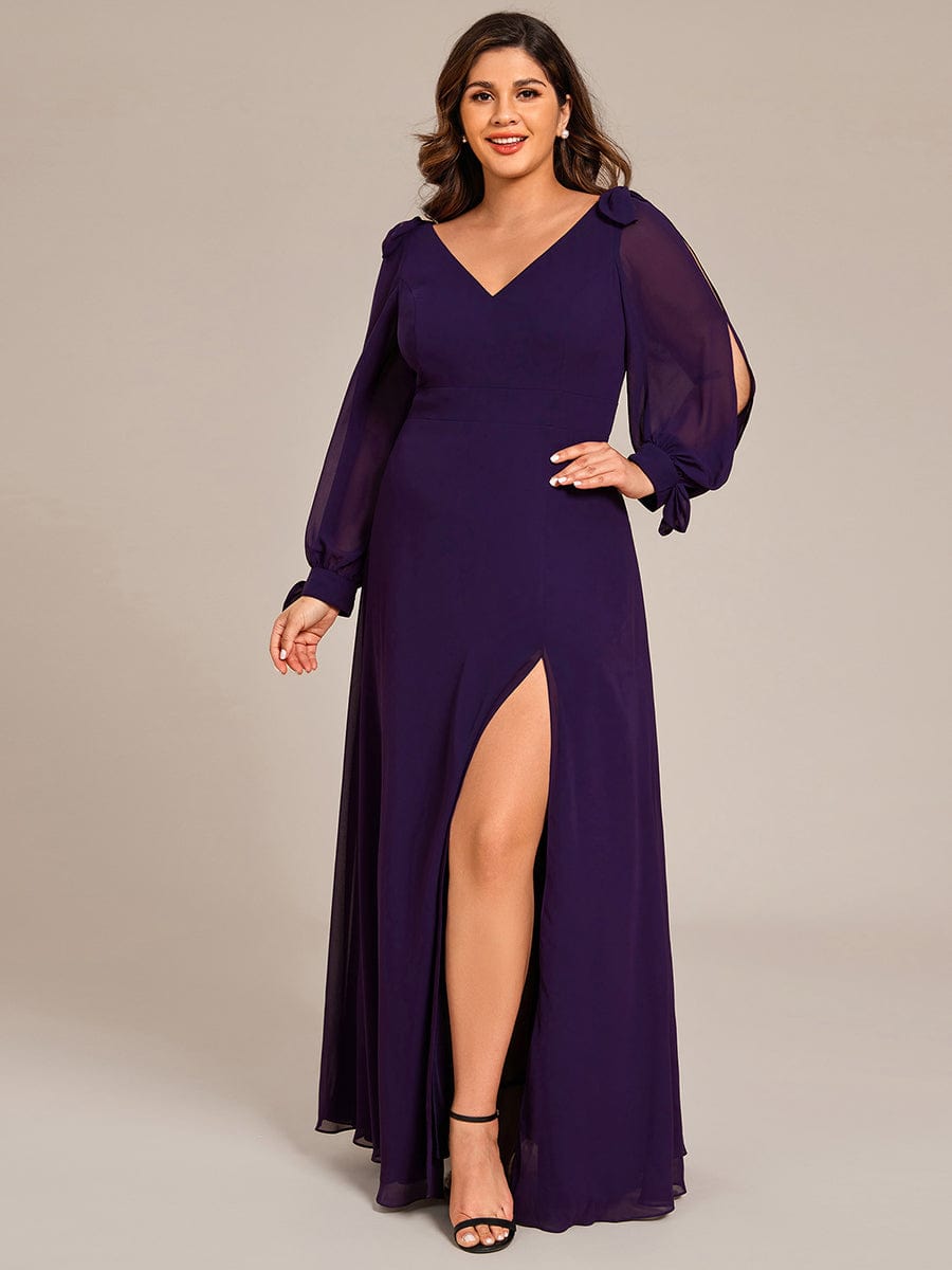 Plus Size Long Split Sleeve A-Line Maxi Dress #color_Dark Purple