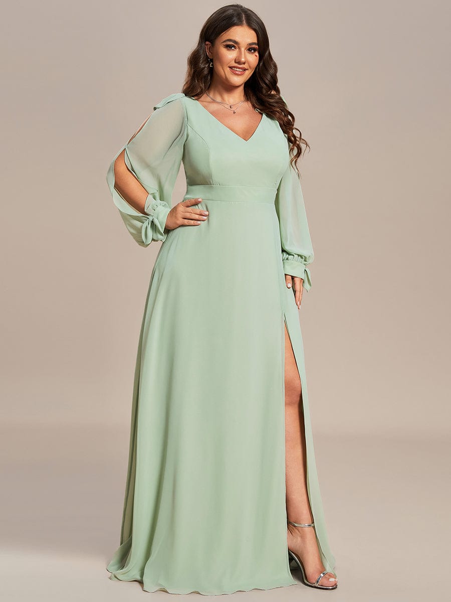 Plus Size Long Split Sleeve A-Line Maxi Dress #color_Sage Green