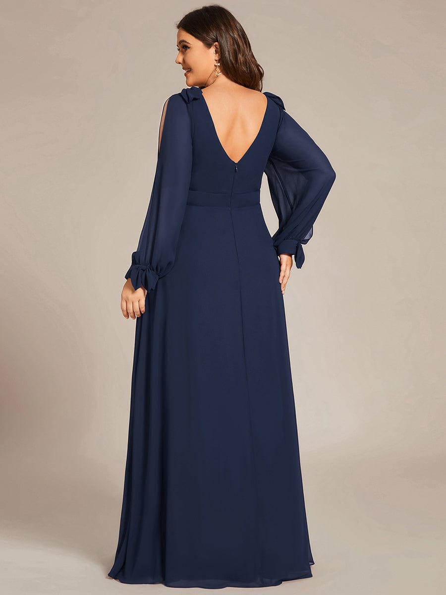 Plus Size Long Split Sleeve A-Line Maxi Dress #color_Navy Blue