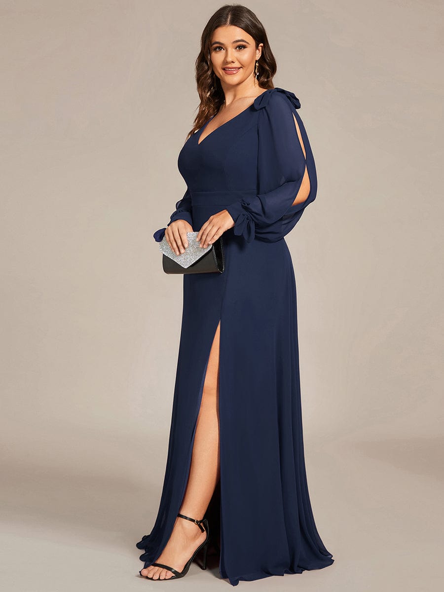 Plus Size Long Split Sleeve A-Line Maxi Dress #color_Navy Blue