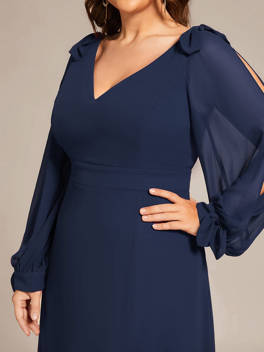 Plus Size Long Split Sleeve A-Line Maxi Dress #color_Navy Blue