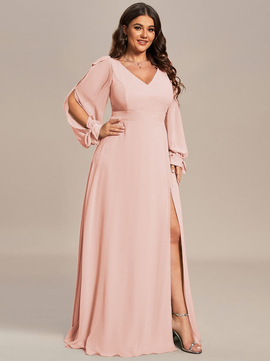 Plus Size Long Split Sleeve A-Line Maxi Dress #color_Pink