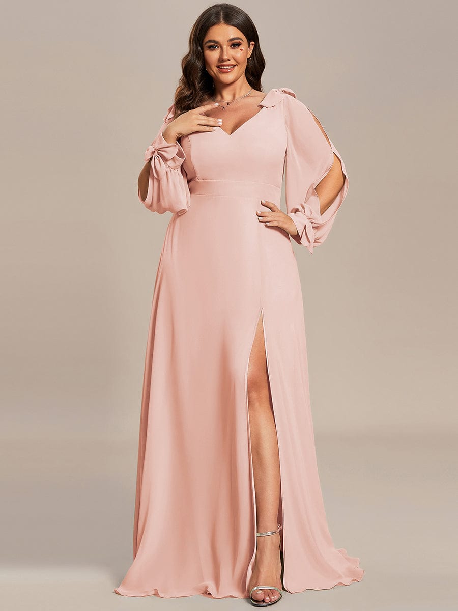 Plus Size Long Split Sleeve A-Line Maxi Dress #color_Pink