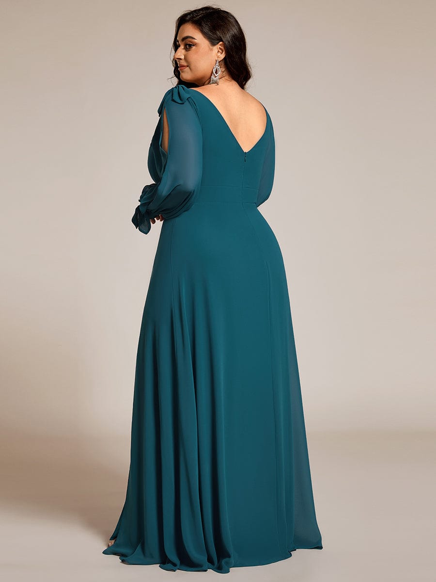 Plus Size Long Split Sleeve A-Line Maxi Dress #color_Teal