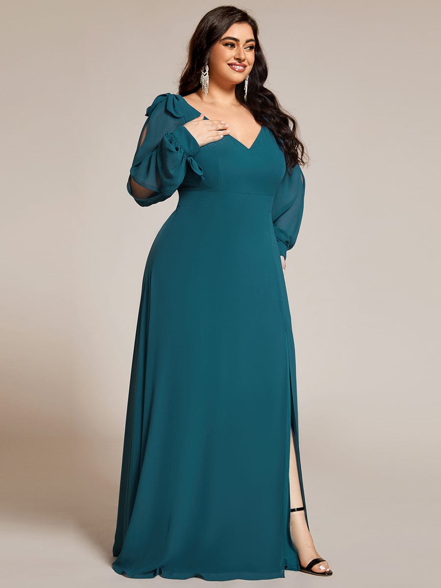 Plus Size Long Split Sleeve A-Line Maxi Dress #color_Teal