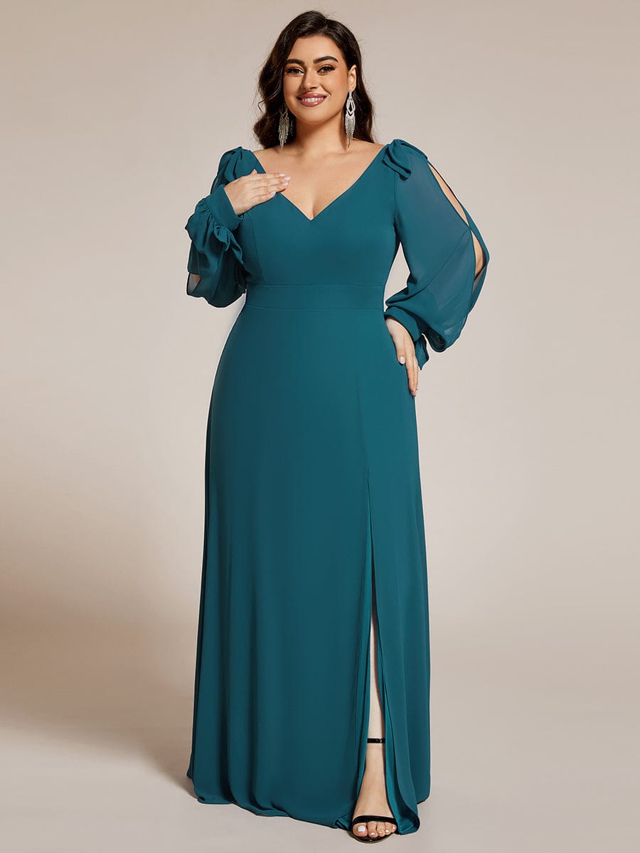 Plus Size Long Split Sleeve A-Line Maxi Dress #color_Teal