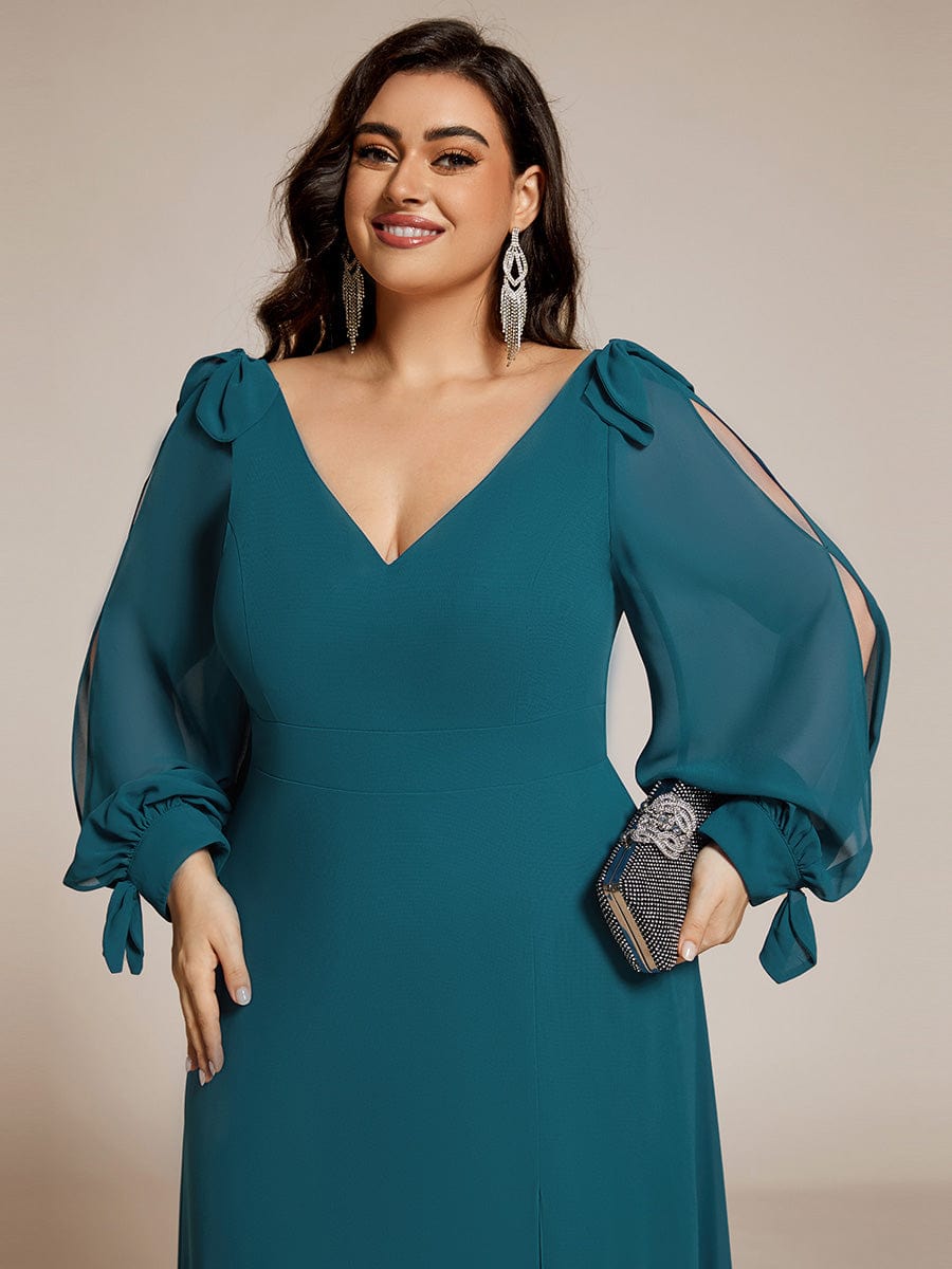 Plus Size Long Split Sleeve A-Line Maxi Dress #color_Teal