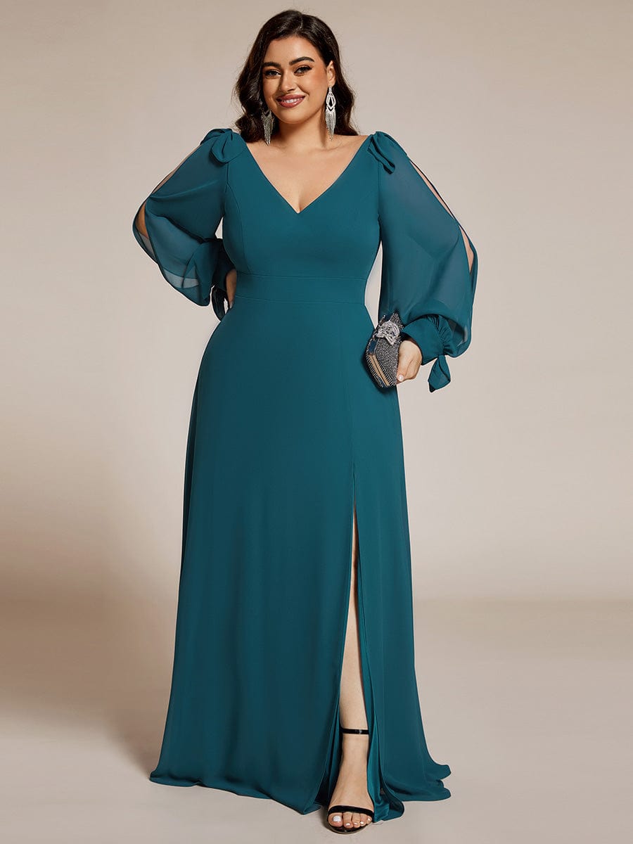 Plus Size Long Split Sleeve A-Line Maxi Dress #color_Teal