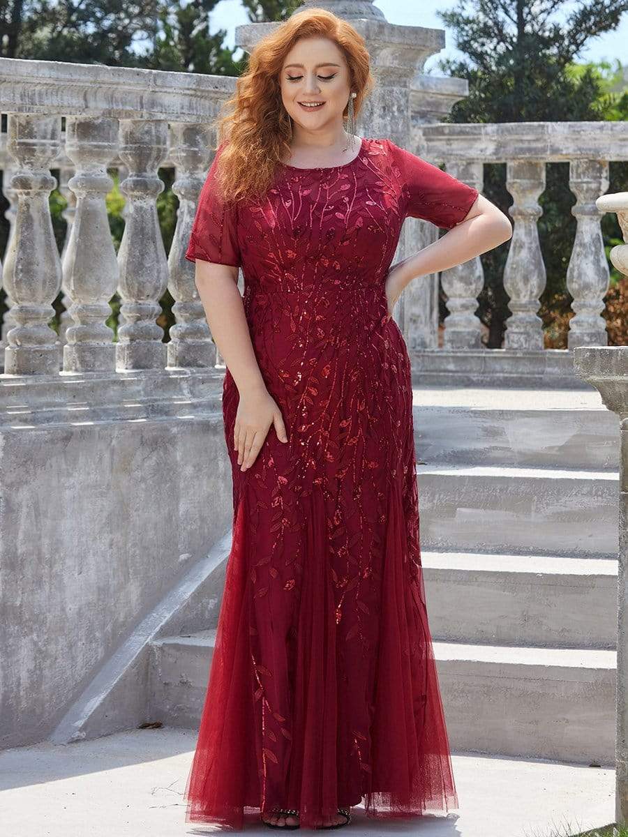 Plus Size Bodycon Sequin Tulle Maxi Dress #color_Burgundy