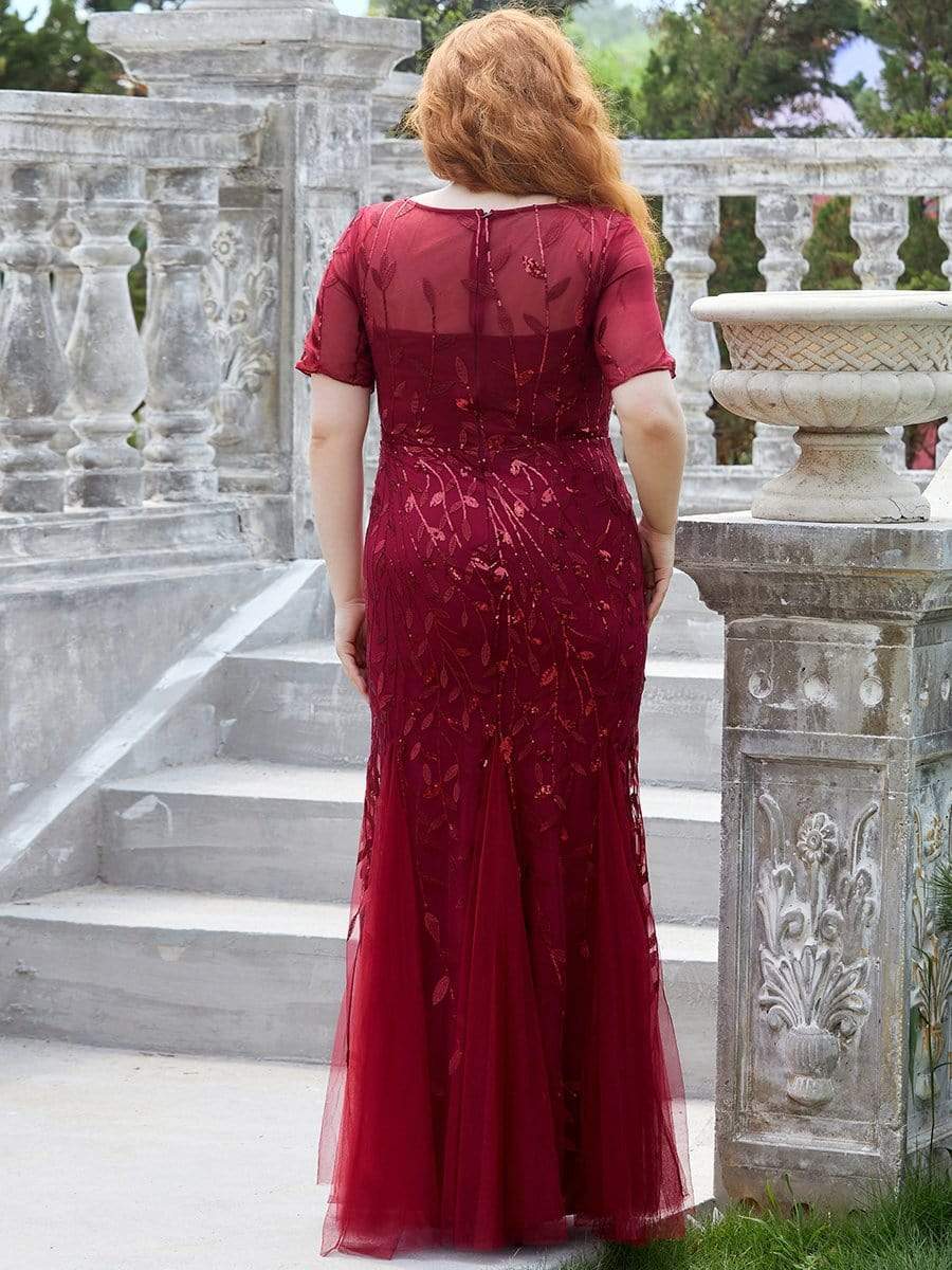 Plus Size Bodycon Sequin Tulle Maxi Dress #color_Burgundy