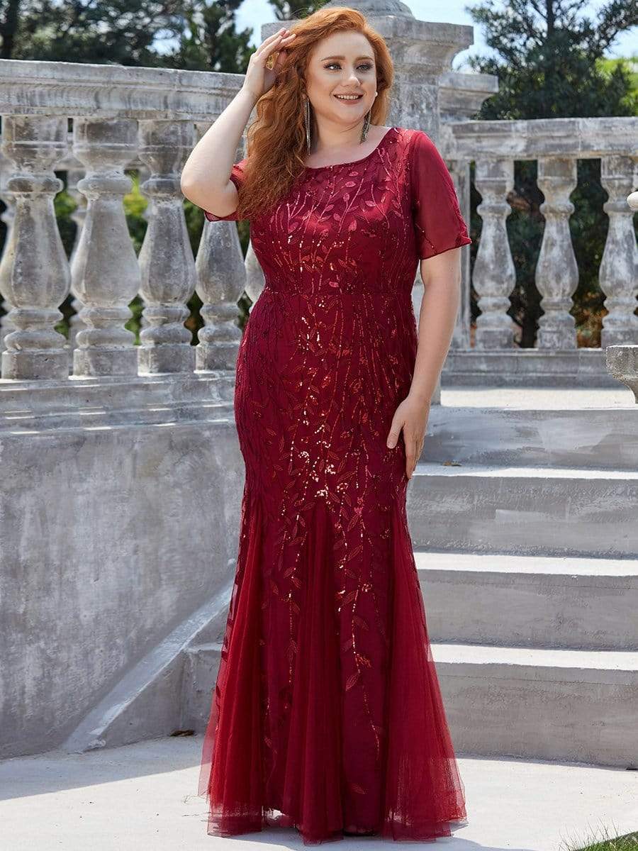 Plus Size Bodycon Sequin Tulle Maxi Dress #color_Burgundy