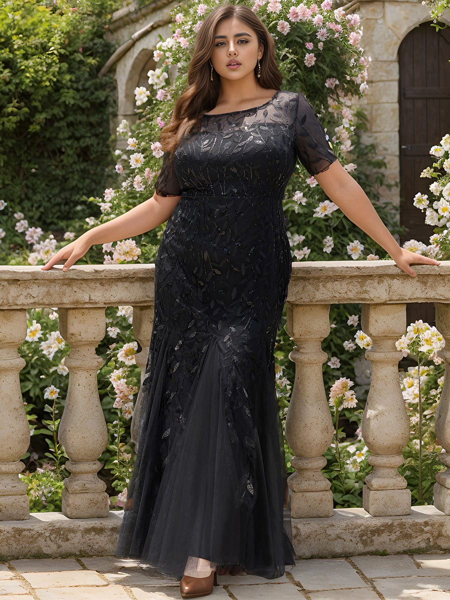 Plus Size Bodycon Sequin Tulle Maxi Dress #color_Black