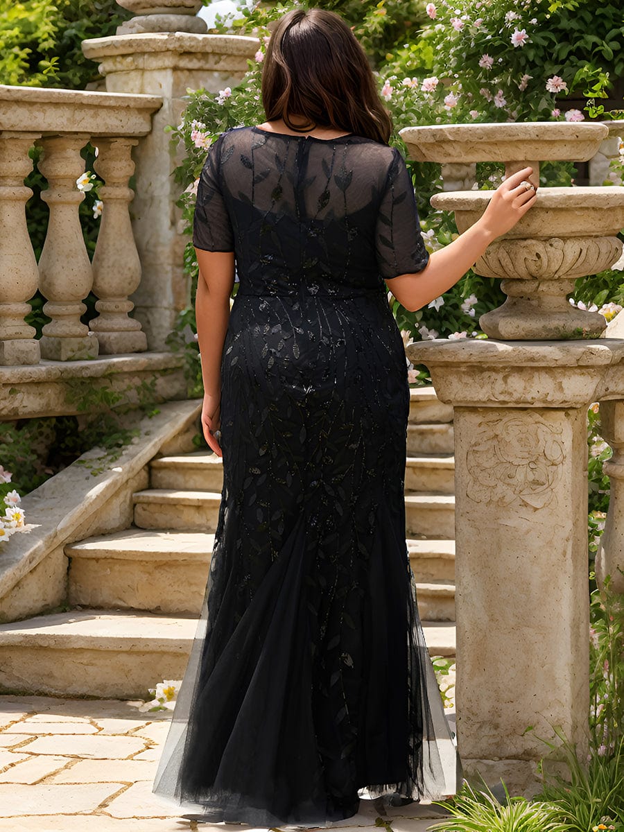 Plus Size Bodycon Sequin Tulle Maxi Dress #color_Black