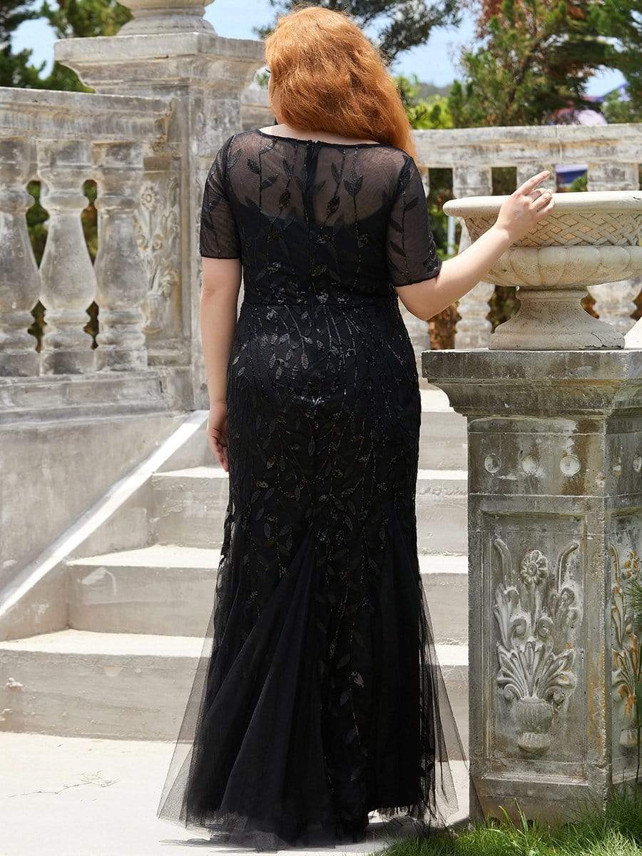 Plus Size Bodycon Sequin Tulle Maxi Dress #color_Black