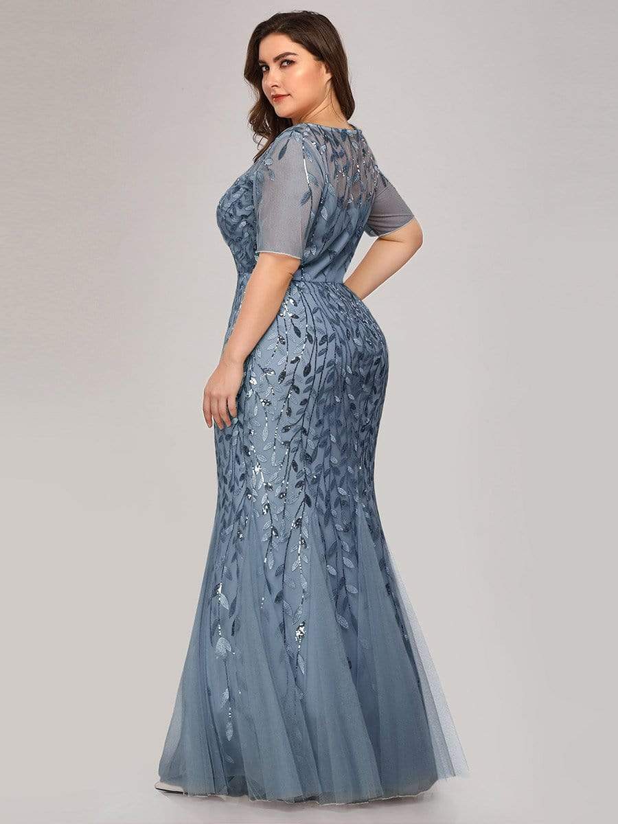 Plus Size Bodycon Sequin Tulle Maxi Dress #color_Dusty Blue