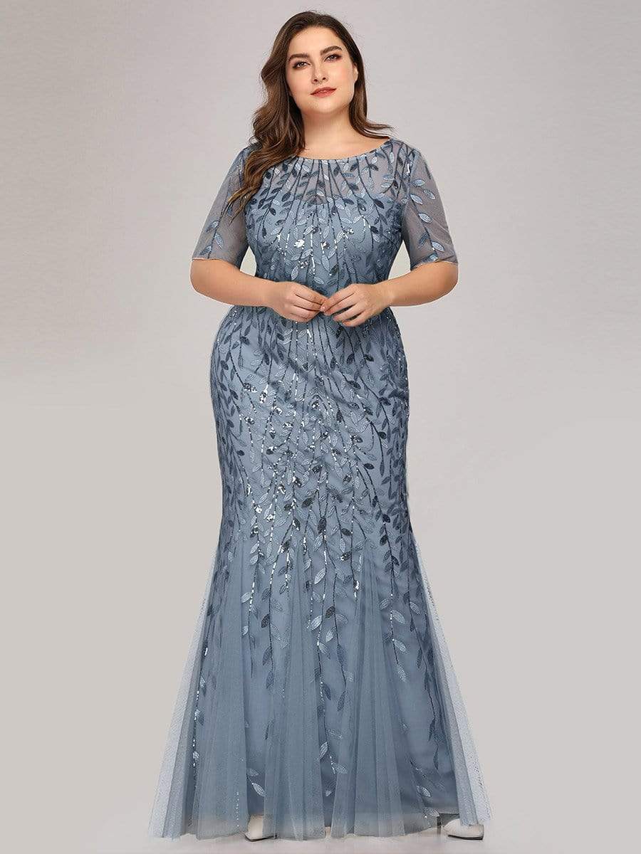 Plus Size Bodycon Sequin Tulle Maxi Dress #color_Dusty Blue