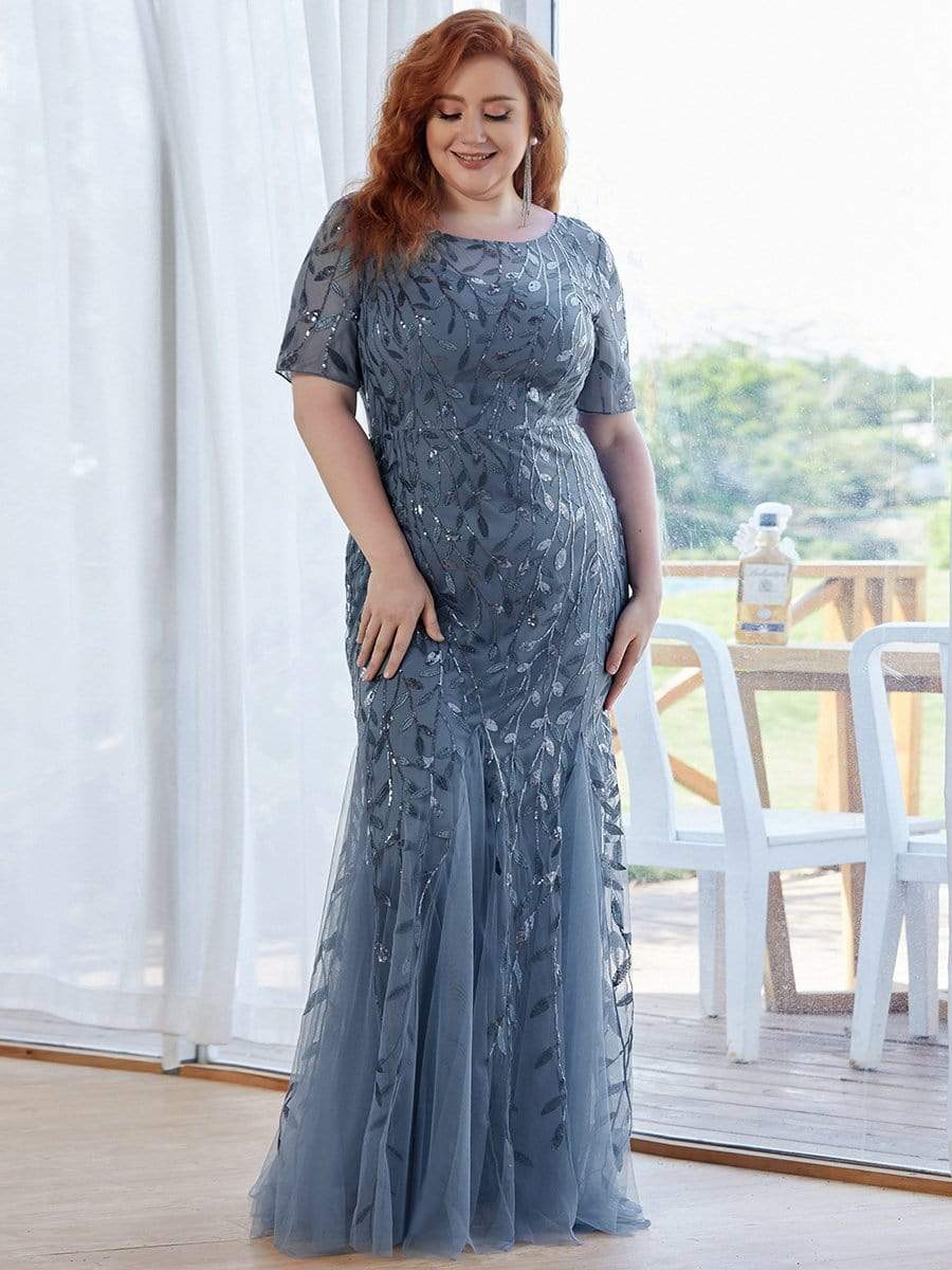 Plus Size Bodycon Sequin Tulle Maxi Dress #color_Dusty Blue