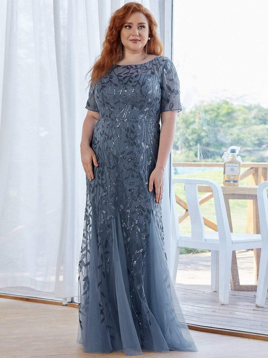 Plus Size Bodycon Sequin Tulle Maxi Dress #color_Dusty Blue