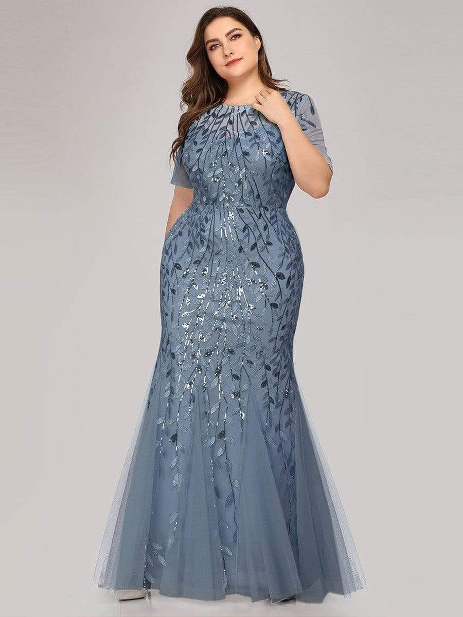 Plus Size Bodycon Sequin Tulle Maxi Dress #color_Dusty Blue