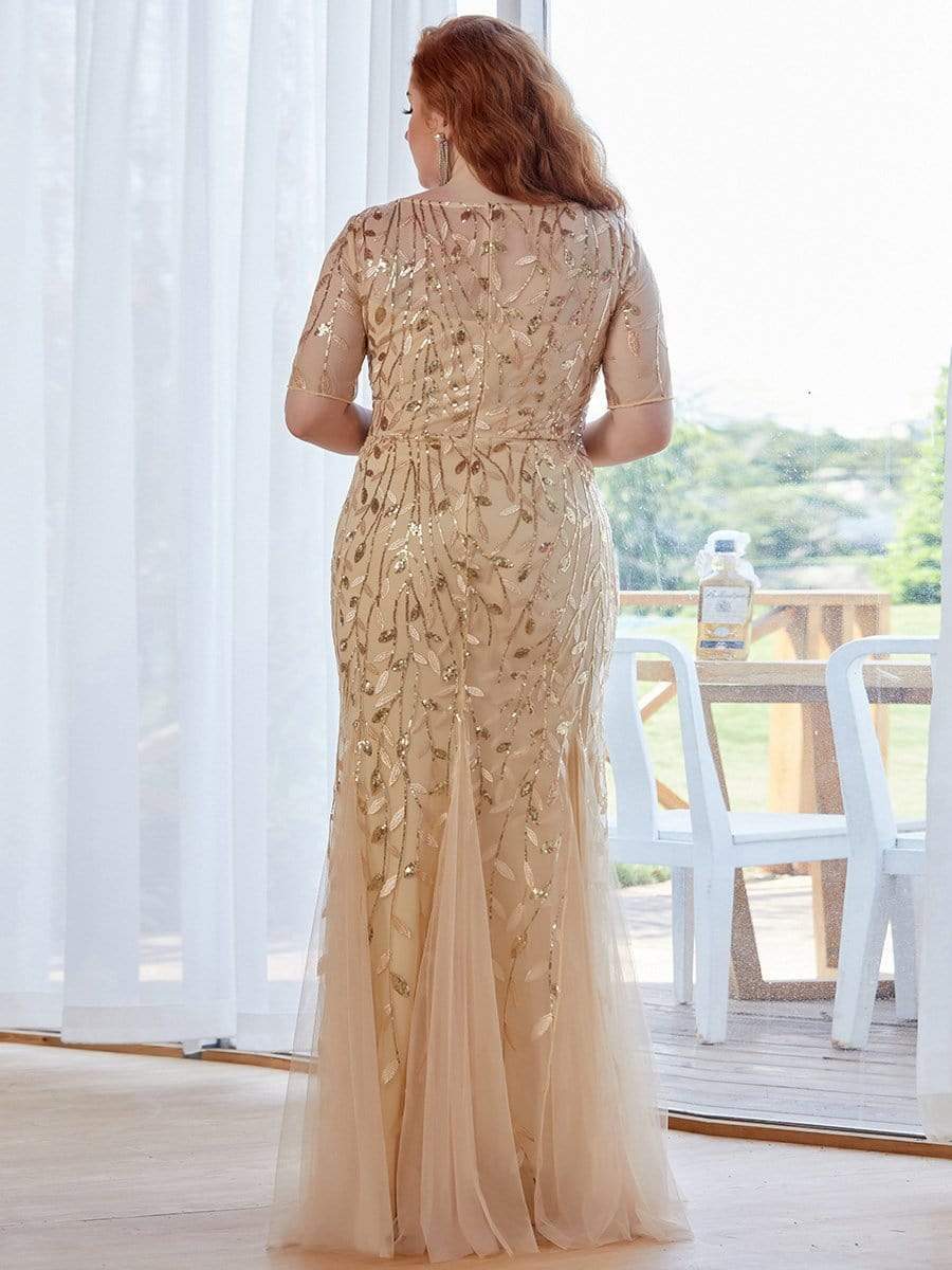 Plus Size Bodycon Sequin Tulle Maxi Dress #color_Gold