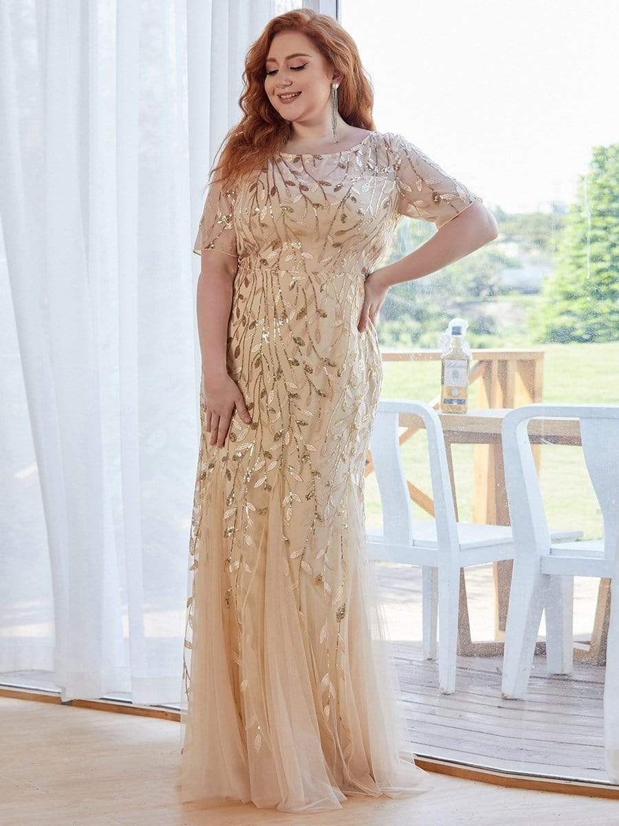 Plus Size Bodycon Sequin Tulle Maxi Dress #color_Gold