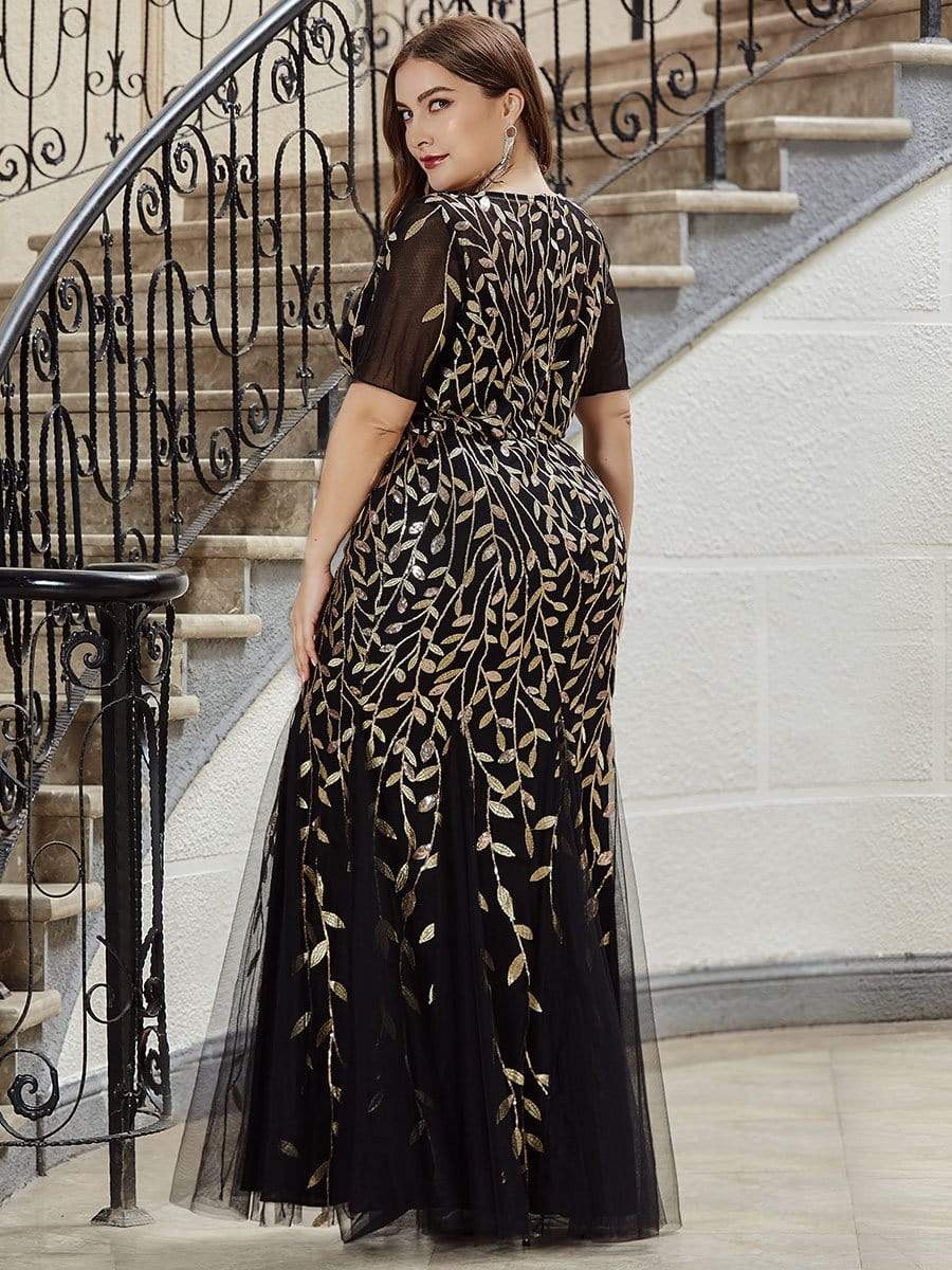 Plus Size Bodycon Sequin Tulle Maxi Dress #color_Black & Gold