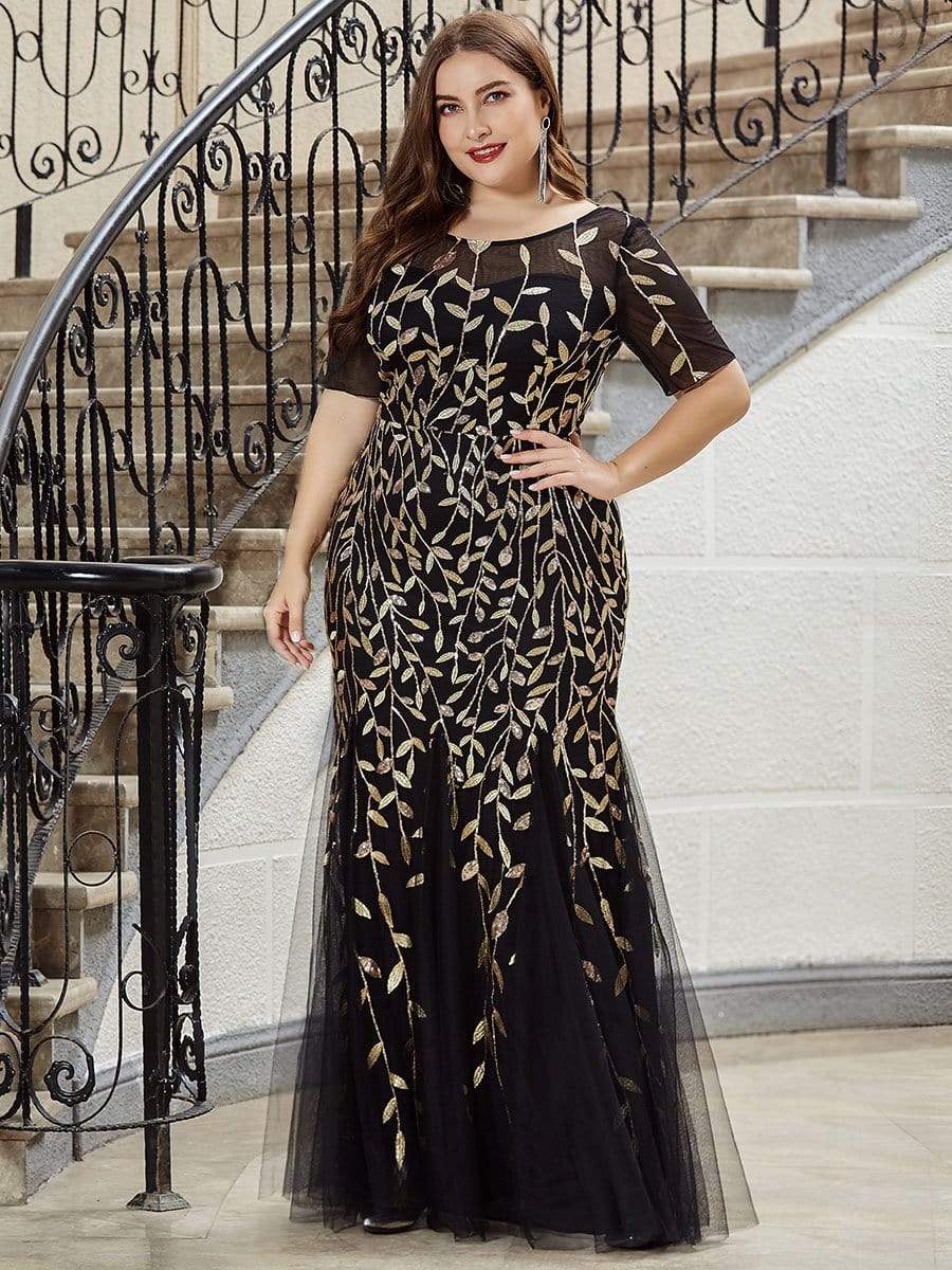 Plus Size Bodycon Sequin Tulle Maxi Dress #color_Black & Gold