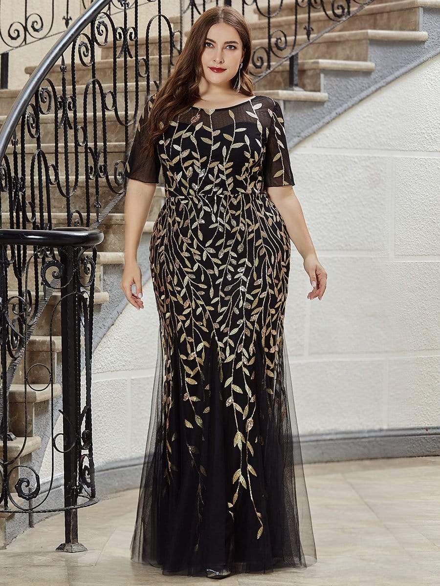 Plus Size Bodycon Sequin Tulle Maxi Dress #color_Black & Gold