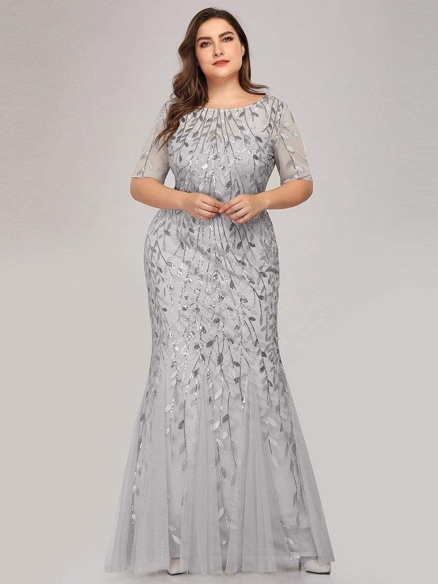 Plus Size Bodycon Sequin Tulle Maxi Dress #color_Silver